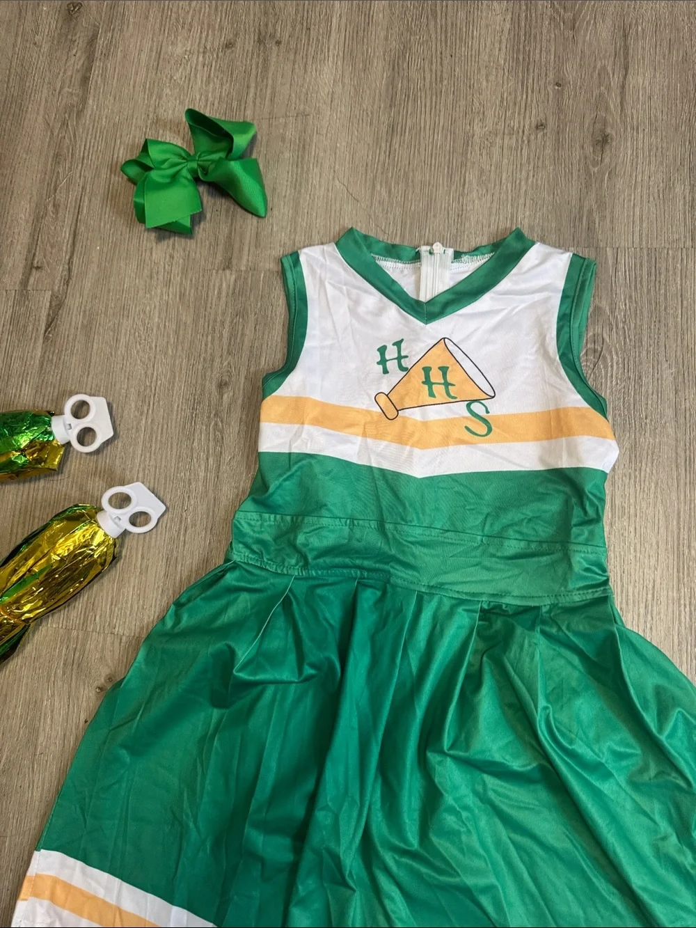 Green Cheerleader Costume Dress with Pom-Poms and Bow - Kids